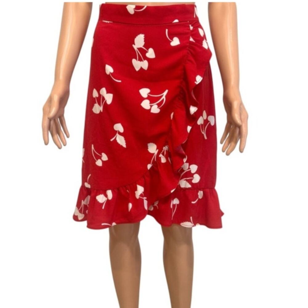 ModCloth 10 cherry heart ruffle faux wrap skirt SK 3297